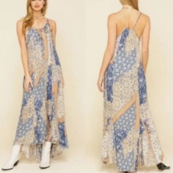 Free People Work Of Art Maxi Slip Dress V Neck Hi Lo Hem Floral Blue Cream M NWT - Picture 16 of 16